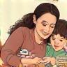 Illustration showing a parent or teacher interacting with a child using educational materials